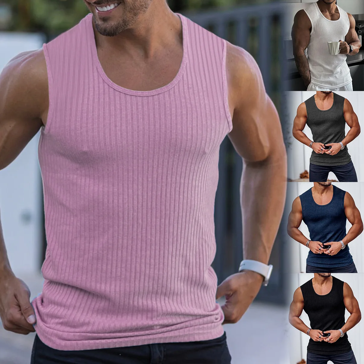 KnittedTankTopsMensMuscleTankUneckTankPitClothSleevelessTop