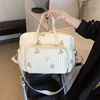 Cute Bear Flower Embroidery Pattern Baby Beige Cotton Fabric Zipper Diaper Handbag New Luggage Bag 1