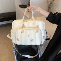 Cute Bear Flower Embroidery Pattern Baby Beige Cotton Fabric Zipper Diaper Handbag New Luggage Bag 1