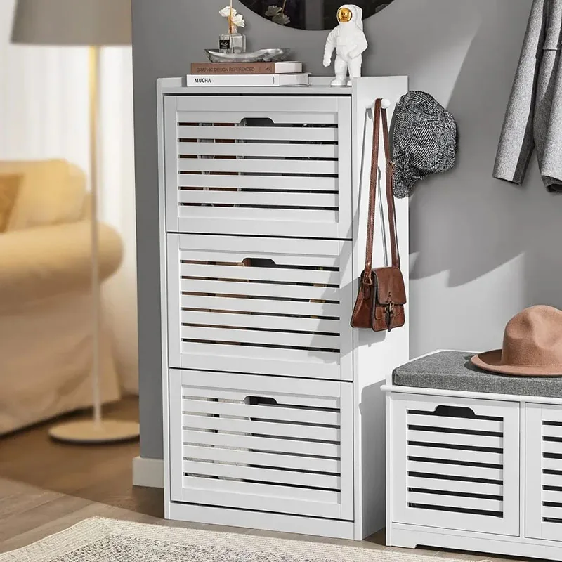 

White Shoe Cabinet 3 Flip Drawers Freestanding Shoe Rack Hooks Shoe Storage Organizer Cupboard Women Schoenenrek Room Furniture