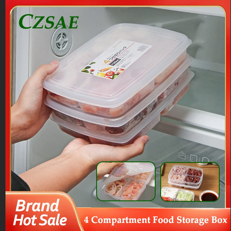 

4 compartment food storage box portable food sub-package transparent freezer crisper onion ginger with vegetables divided