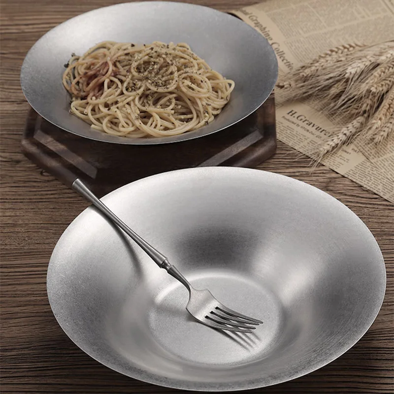 Vintage 304 Stainless Steel Dinner Plate Round Fruit Tray Japanese Pasta Vegetable Bowl Restaurant Tableware 1 Pc dining dish
