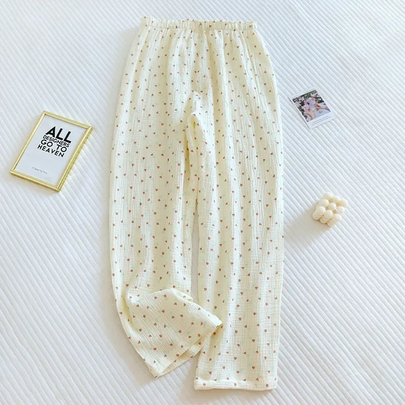 Cotton Pajama Pants Japanese Spring/Summer New Women's Pajama Pants 100% Cotton Crepe Pants Sweet and Cute Pajama Ladies Loose Home