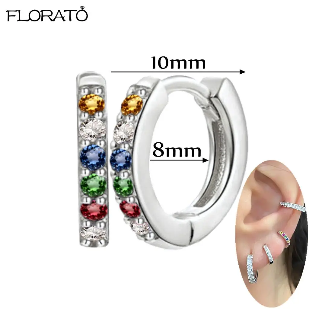 925 Silver Needle Crystal 9mm Small Hoop Earrings for Women Minimal Huggie Earrings Colorful Zircon Piercing Earrings Jewelry