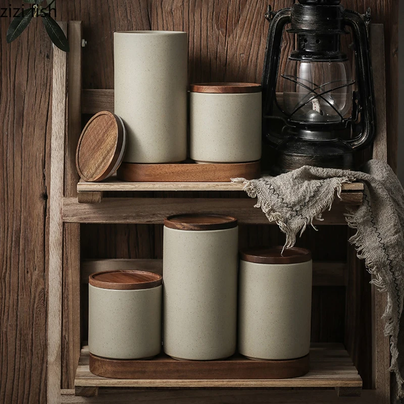 Retro Ceramic Storage Jar Wooden Lid Sealed Can Organizer Box Home Kitchen Food Storage Containers ceramic storage jar