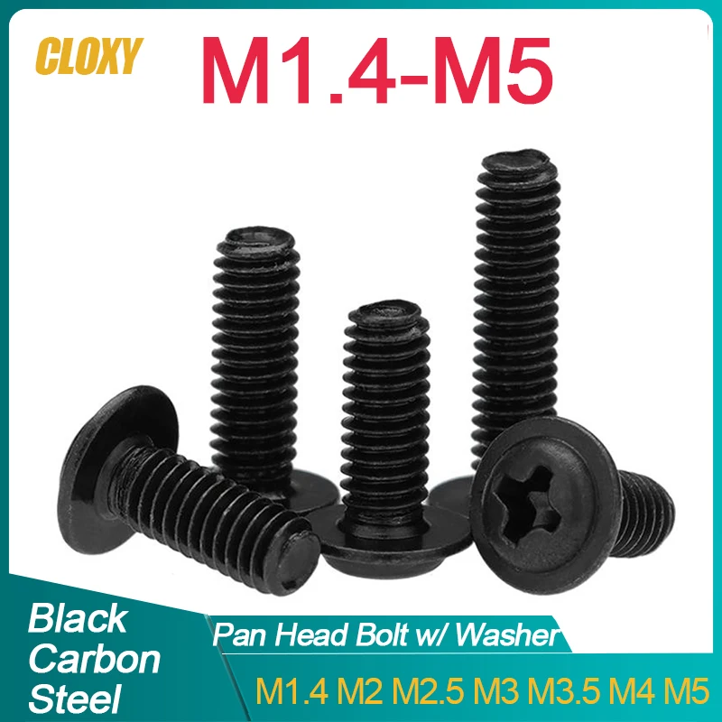 

10/ 20/ 50/ 100pcs PWM M1.4 M2 M2.5 M3 M3.5 M4 M5 Black Carbon Steel Cross Phillips Pan Round Head With Washer Collar Screw Bolt