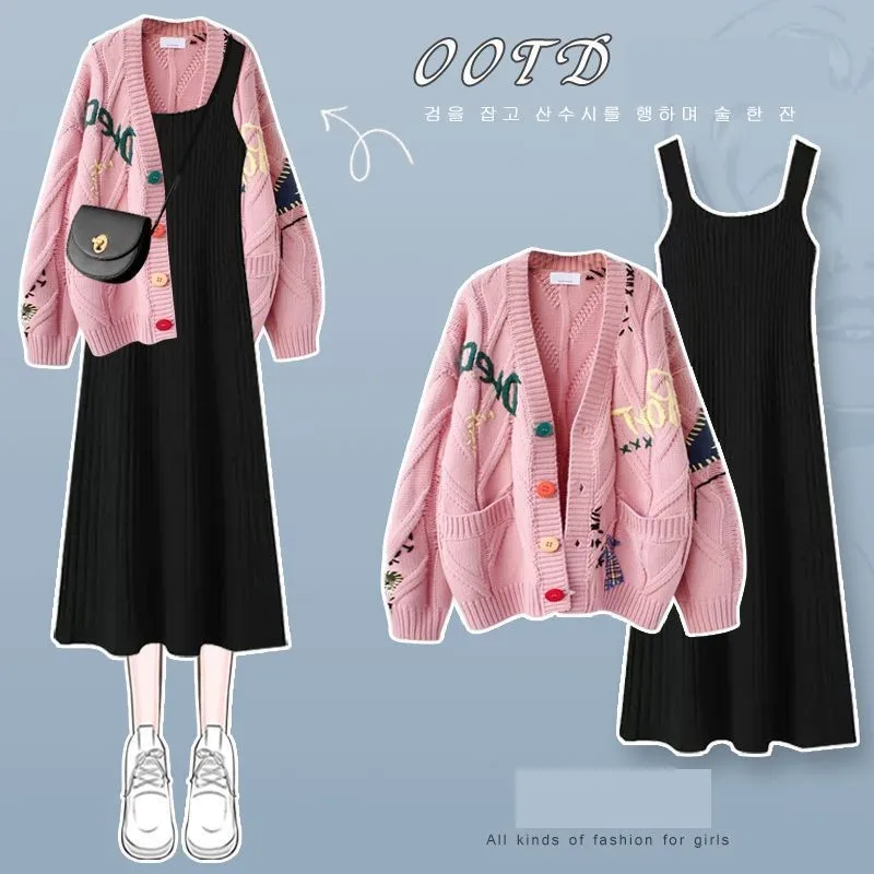 Women's Winter New Vintage Embroidery Knitted Sweater Jacket Matching Set Korean Elegant Long Sleeve Cardigan Dress 2 Piece Suit