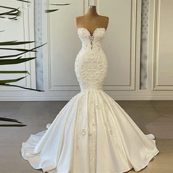Retro Lace Mermaid Wedding Dresses Sexy Sweetheart Beaded Bridal Gowns Satin Sweep Train Wedding Vestidos Custom Made