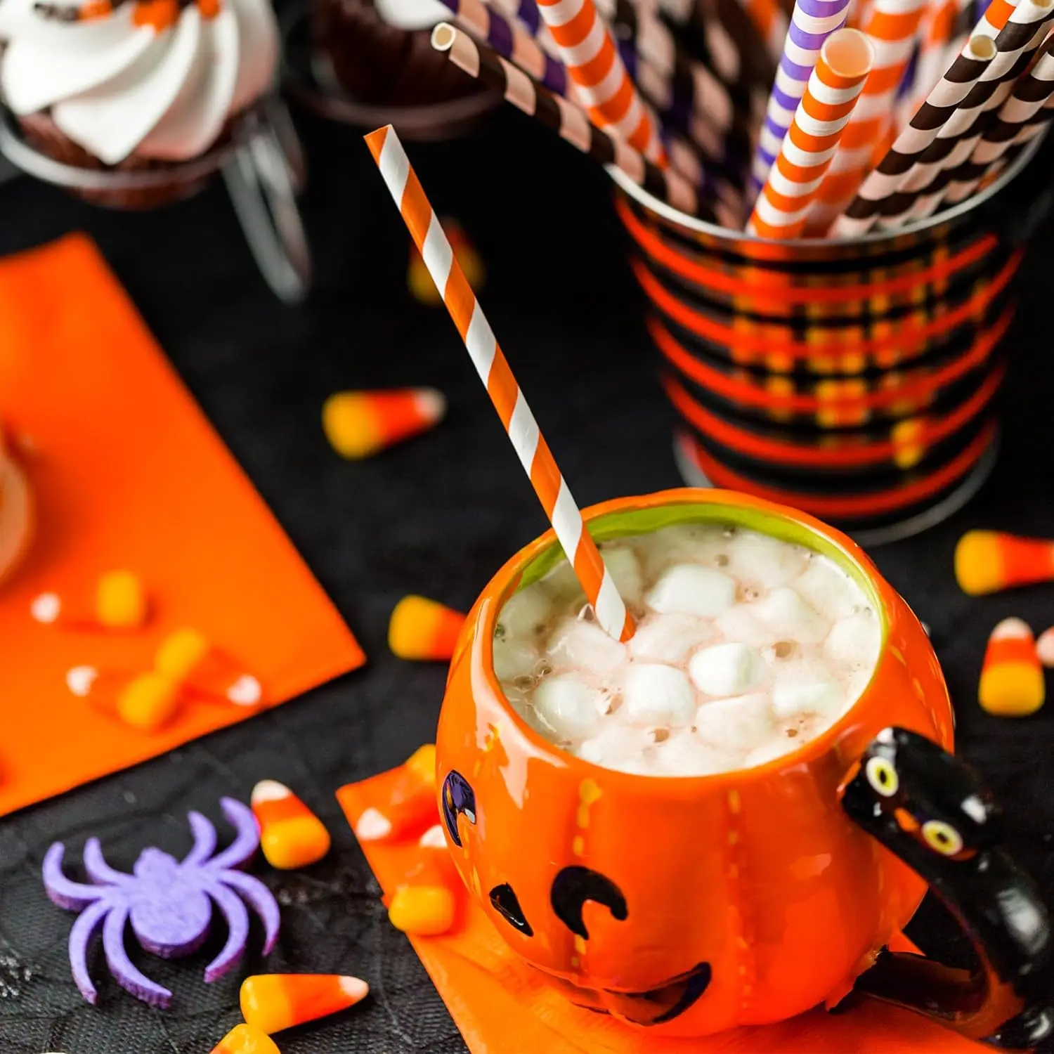 Paper Straws 12mm*190mm White 100p+6*197mm Orange Striped 200p Disposable Party Drinking Straws for Juices Shakes and Smoothies