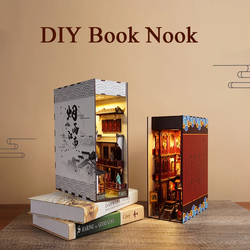 

DIY Book Nook Insert Shelf Kits Wooden Miniature Building Kit Jiang'nan Ancient Town Bookend Bookshelf Home Decoration Gifts
