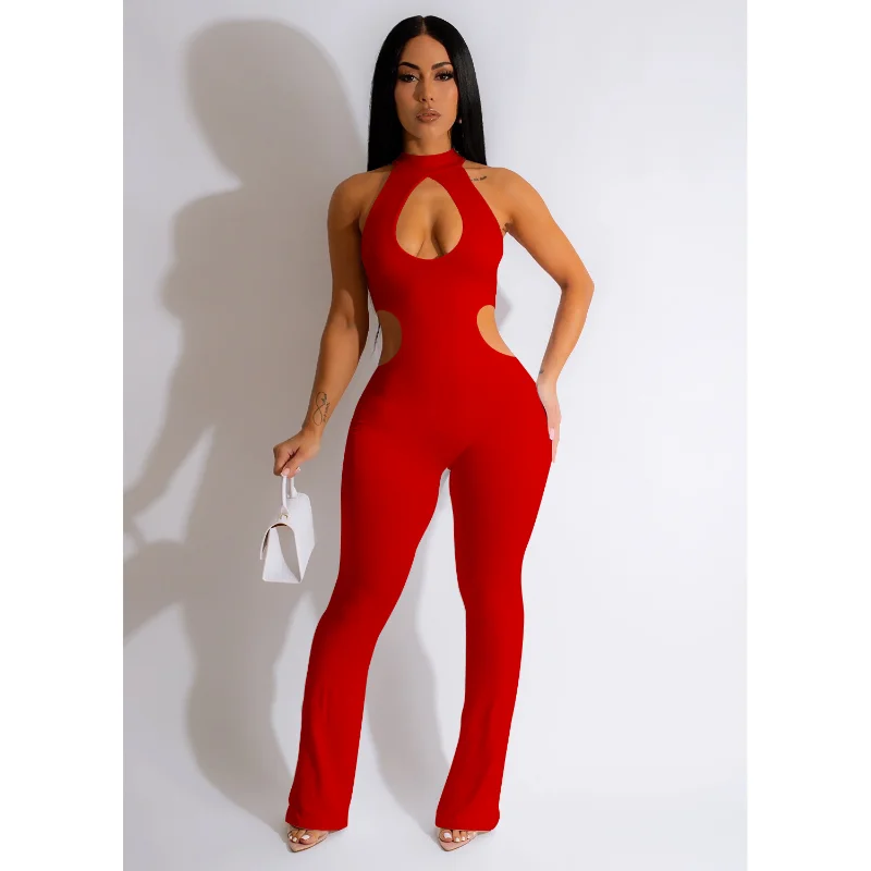 Elegant Hollow Out Slim Jumpsuits Women Sexy Sleeveless Halter Fashion Casual Summer Rompers Club Party Overalls Female Clothing
