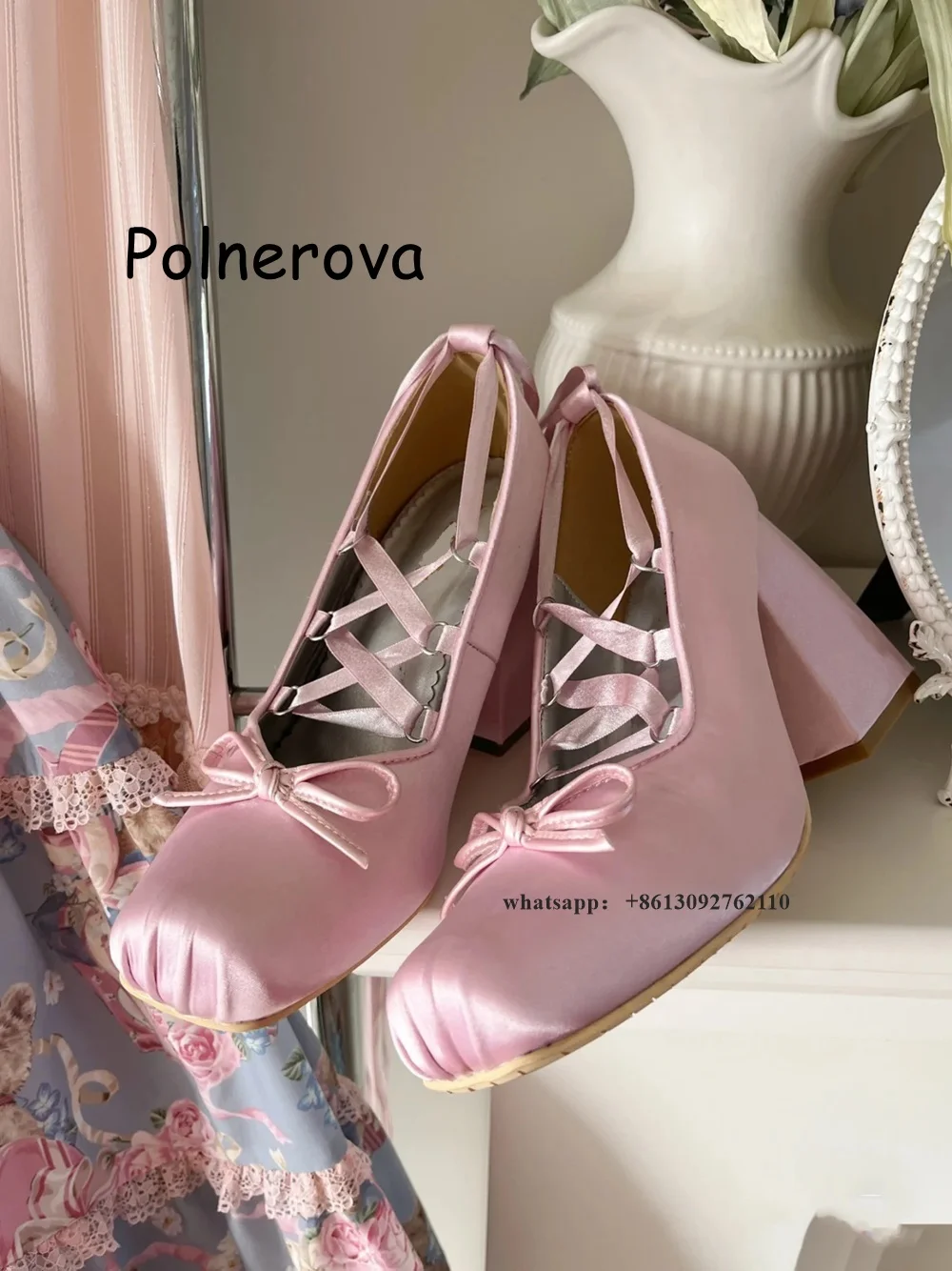 

Satin Butterfly Knot Pumps Cross Tied Women's Shoes Spring Casual Solid Elegant Chunky Heel Outerwear Sweet Girls Fashion Shoes