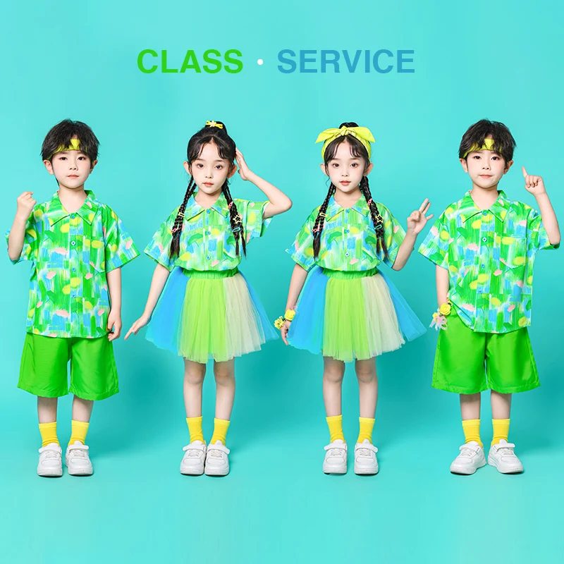 

Летняя зеленая футболка и шорты для мальчиков и девочек, юбка в стиле хип-хоп, Детская школьная форма, комплекты одежды для детей дошкольного возраста и студентов