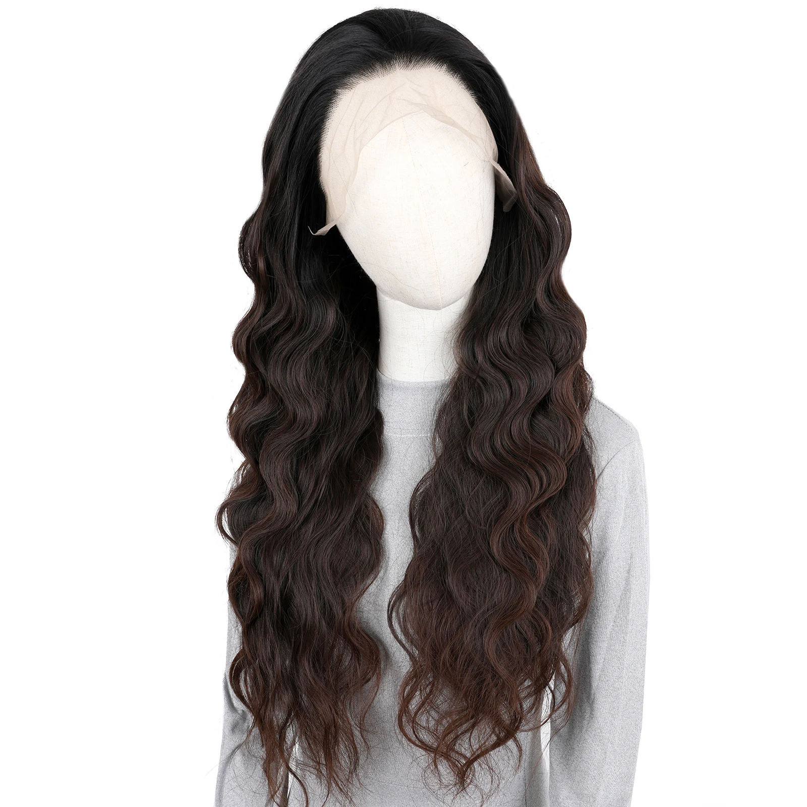 Black Ombre Brown Long Wavy Lace Front Synthetic Wig Pre Plucked Natural Hairline Glueless Heat Resistant Fiber Hair for Women