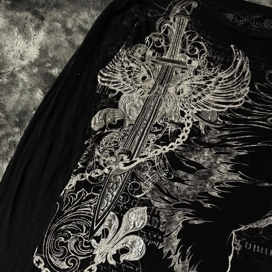 Black Mens Gothic Dark Style Sweatshirt Loose Unique Wing Print Design on Front Chest Trendy Casual Streetwear Edgy Personality