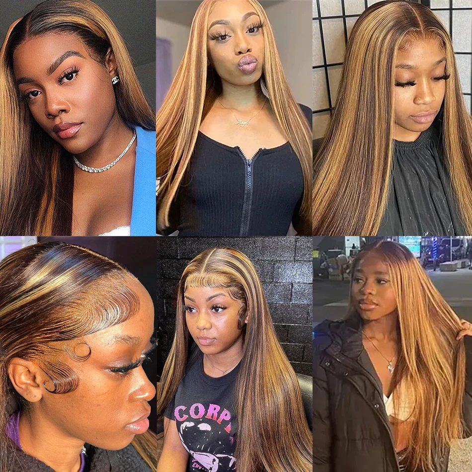 Bone Straight 13x4 Highlight 100% Human Hair Wigs HD Transparent Lace Frontal Wig 13x6 Honey Blonde Brown Pre Plucked For Women 5