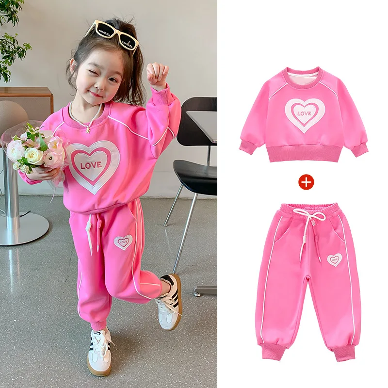 2024 New Autumn Girls' Set Love Round Neck Pullover Elastic Waist Sports Pants 2PS Casual Fashionable Outdoor Sportswear