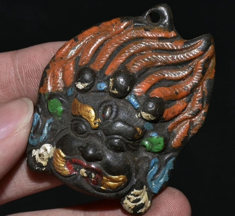 

5.5CM Old Tibet Bronze Painting Mahakala Wrathful Deity Buddha Amulet Pendant