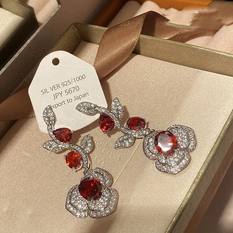 Charm Flower Lab Ruby Diamond Dangle Earring 925 Sterling Silver Jewelry Engagement Wedding Drop Earrings for Women Gift