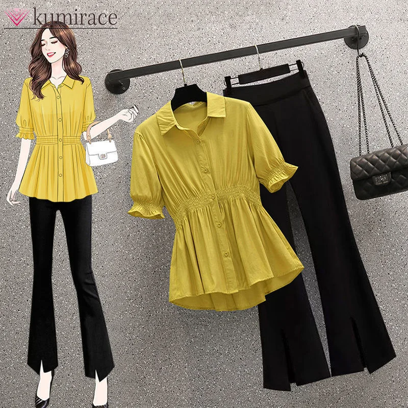 

Single/Set Large Women's Fashion Pants Set Waist Waist Slimming Shirt Micro Flare Pants Two Piece Set for Women Women Pants