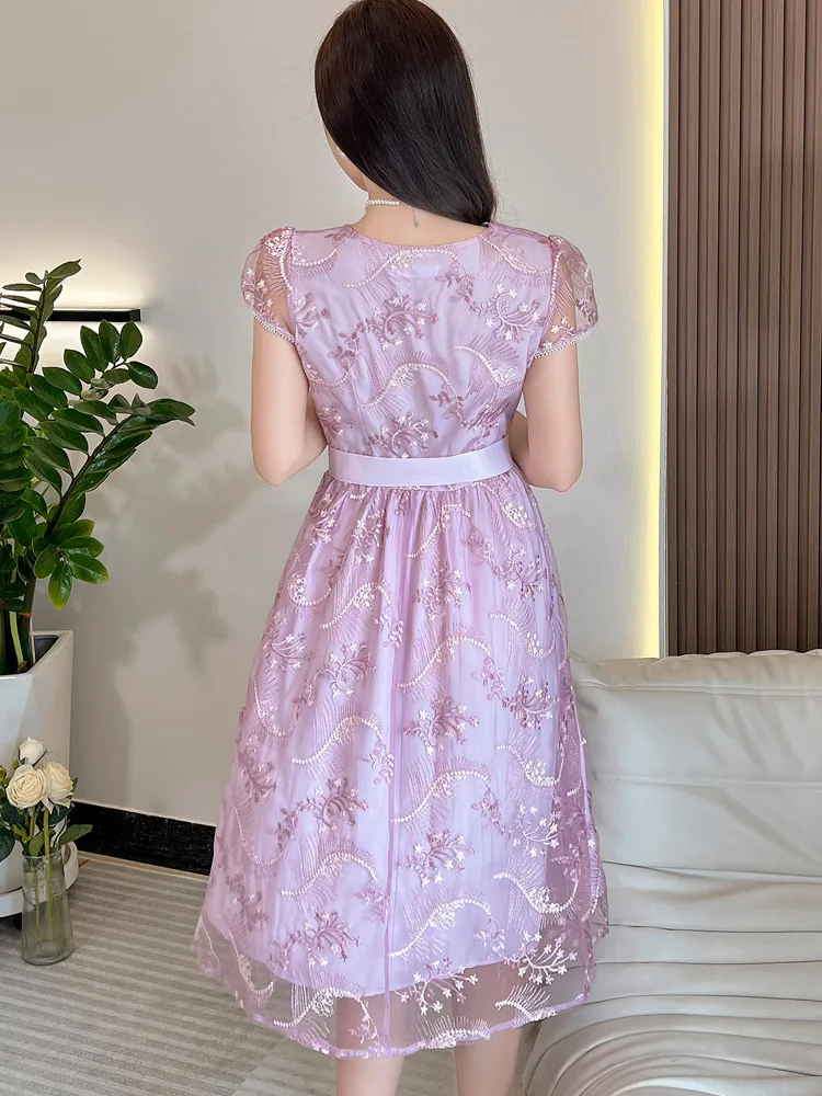 SMTHMA New Fashion Pink Mesh Embroidery Dress For Women's