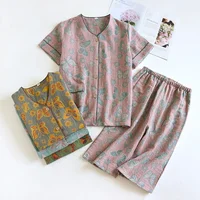 2026 Spring/Summer New Women's Pajama Set 100% Cotton Jacquard Short Sleeves+Capris Two Piece V-Neck Thin Homewear Ladies