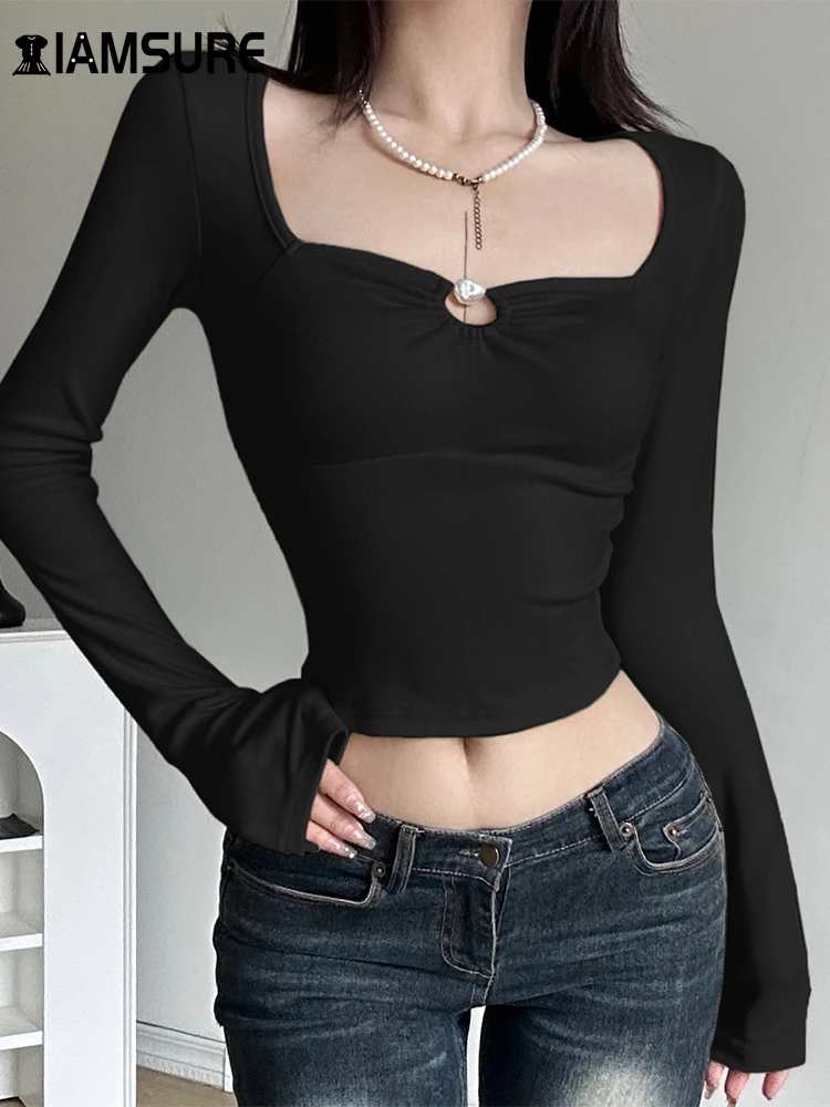 

Элегантная Модная укороченная футболка IAMSURE с вырезами, базовая облегающая Однотонная футболка с квадратным воротником и длинным рукавом, женские футболки, весна-осень 2023