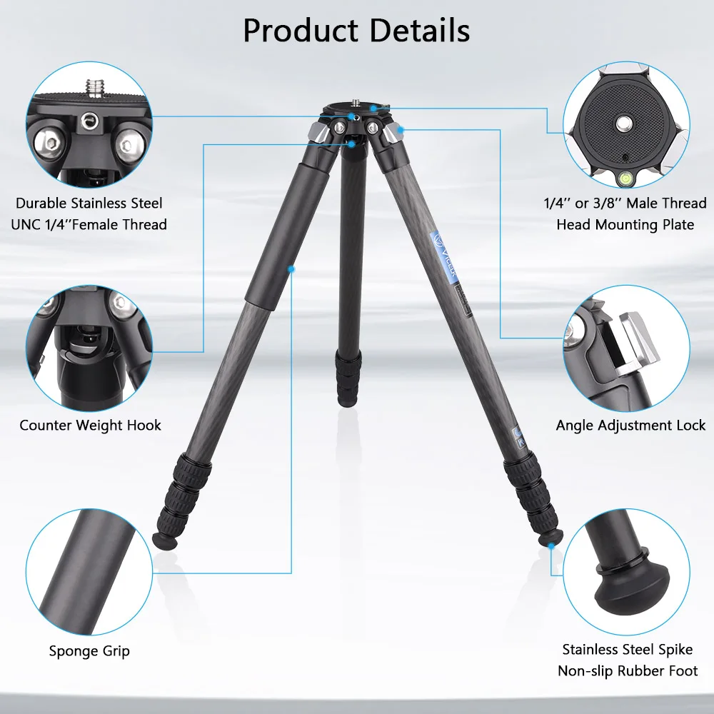 VICELK 컴팩트 탄소 섬유 삼각대, DSLR 카메라용 헤비 듀티 카메라, 여행용 삼각대, VT-324C, 158cm, 32mm 튜브, 최대 하중 25kg