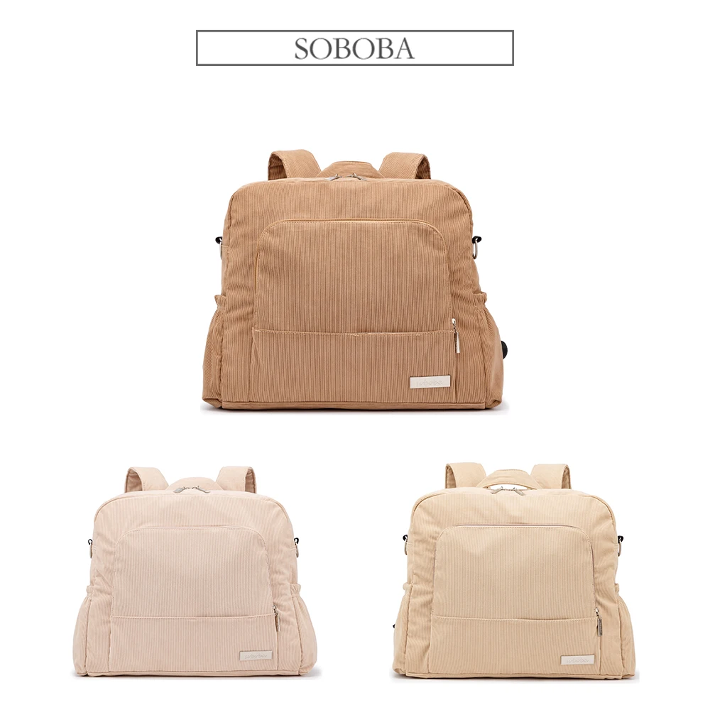 Soboba Corduroy Diaper Backpack for Mom Large Capacity Multi-function Nappy Changing Bag for Baby Care Winter New Diaper Bags 6