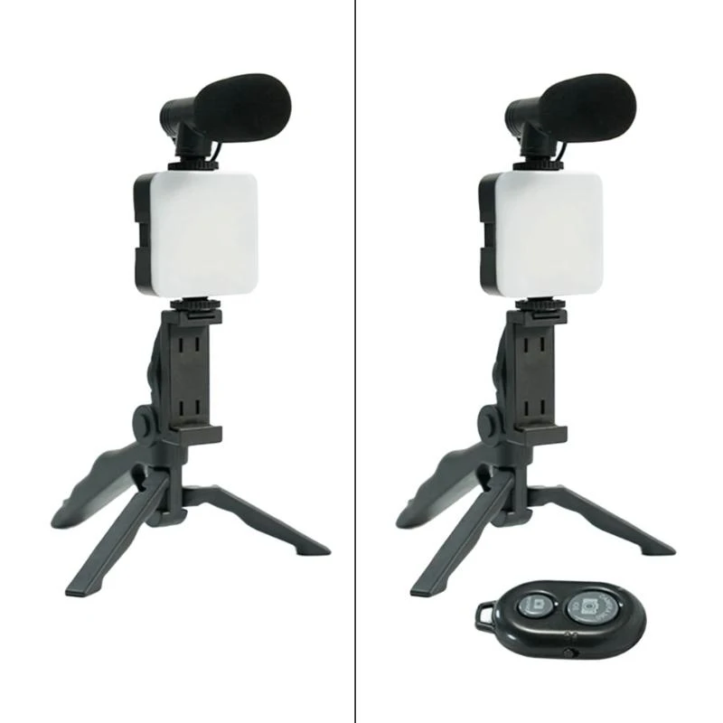 휴대폰 동영상 블로그 키트에는 크리에이터 스타터를 위한 안정적인 삼각대 LED 조명과 지향성 마이크가 포함되어 있습니다.