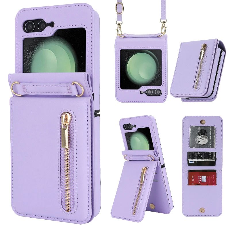 For Funda Samsung Galaxy Z Flip 6 5 4 3 Case Luxury Card Slot Phone Holder Zipper Wallet Crossbody Cover Folding Case Coque_voghion.com