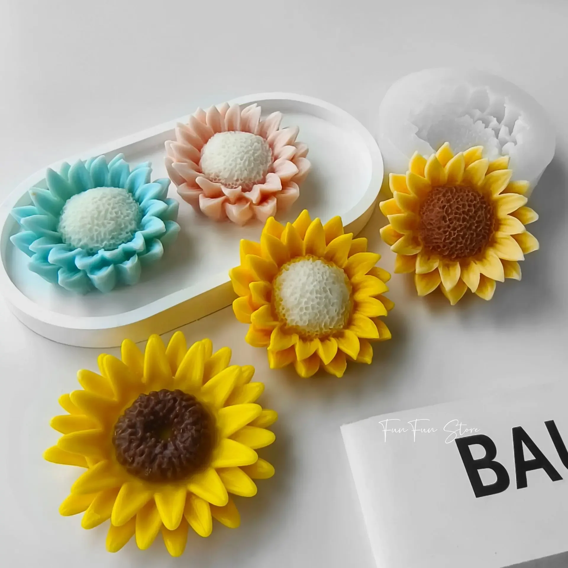 3D girasole candela profumata stampo in Silicone fai da te fatto a mano sapone gesso forma di fiore diffusore pietra che fa strumento decorazione della casa  15