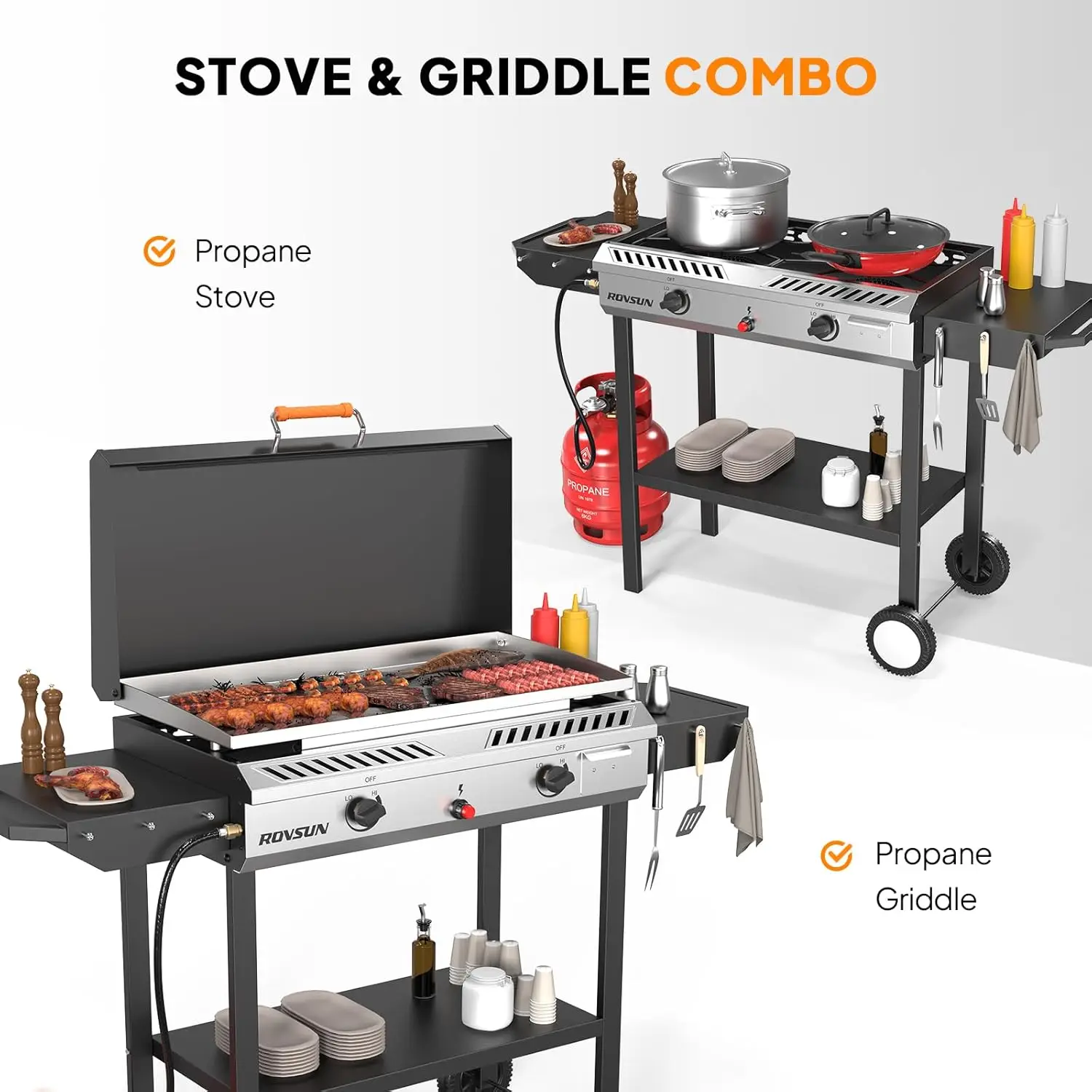 Burner Outdoor Propane Gas Stove with Griddle, Auto-ignition, Regulator & Side Shelves, 150,000 BTU Powerful Stand Cook 2