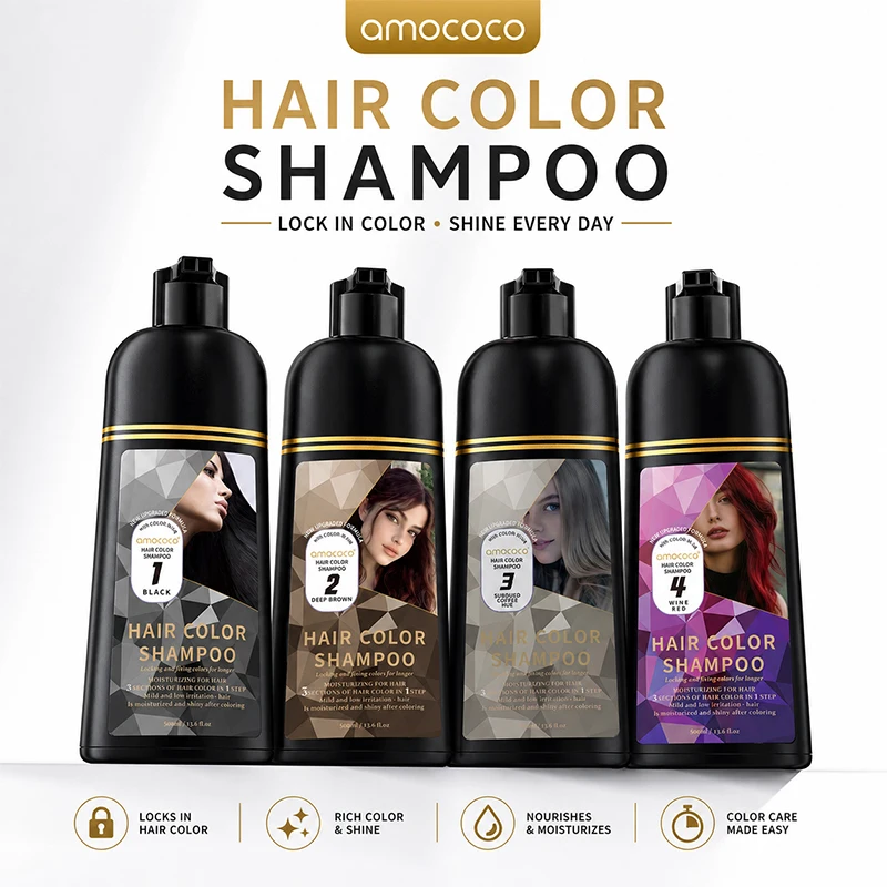 Amococo Hair Color Shampoo 500ml Hair Dye Shampoo Black Brown Coffee Burgundy Hair Coloring Shampoo Moisturizing Hair Care for Men Women