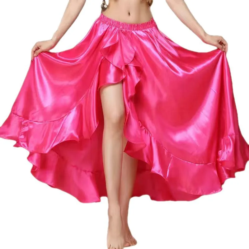 

Women Sexy Belly Dance Skirt Adult Oriental Dancing Side Pulling Long Satin Dress Lady Professional Dancing Practice Costume