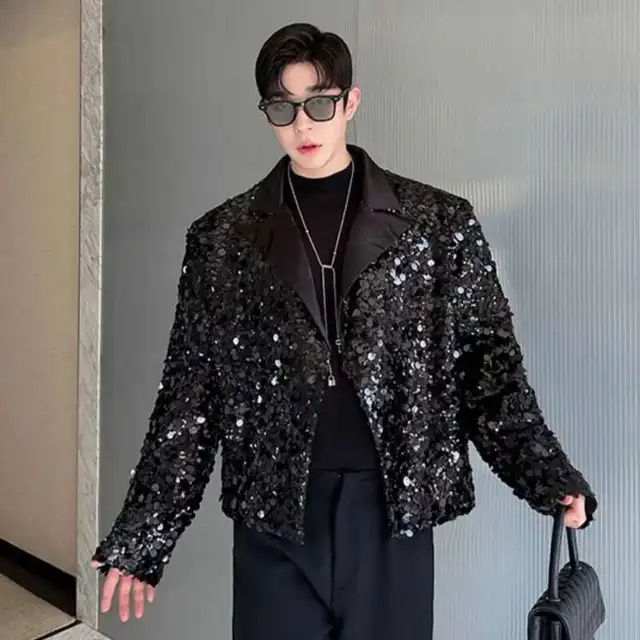 IEFB Personalized Men's Blazers Tailored Collar Sequins Stage Design Korean Version Solid Color Loose Male Suit Jackets 9C8126 5