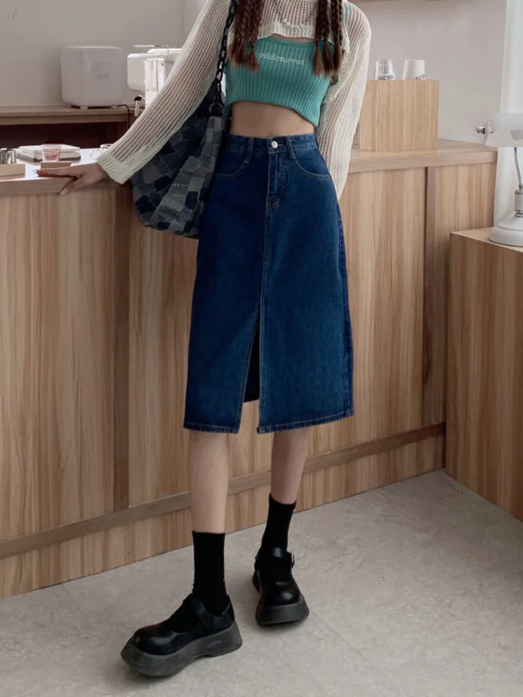 

Vintage Women Denim Skirt Street Style High Waist A-Line All-match Chic High Waist Elegant Split Skirts Spring Summer New