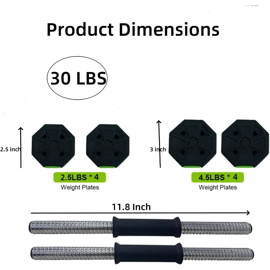 Adjustable Dumbbell Set with Iron Handle, 30lbs Weight Set, Green and Black, Octagon Head