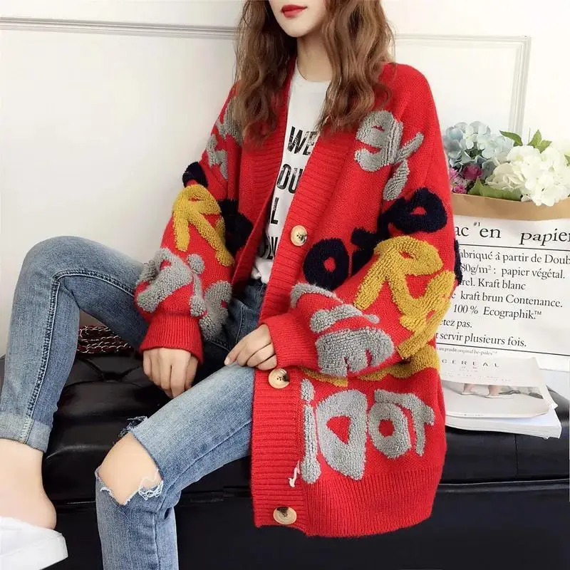 

Fashion Loose Oversized Knitted Cardigan Women Clothes Netred Casual Elastic Ladies Beautiful Letter Sweater Cardigan