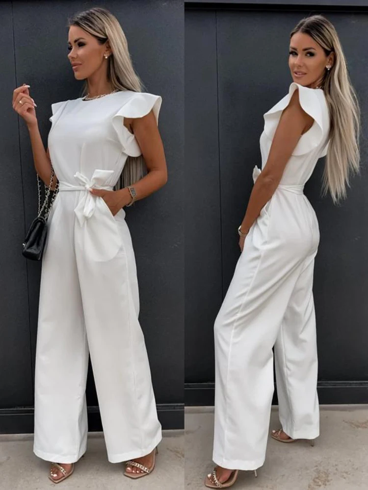 Summer Women's Jumpsuits 2023 Elegant Belt Solid Overalls Woman Jumpsuit Casual O-neck Ruffles Office Lady Wide Leg Playsuits