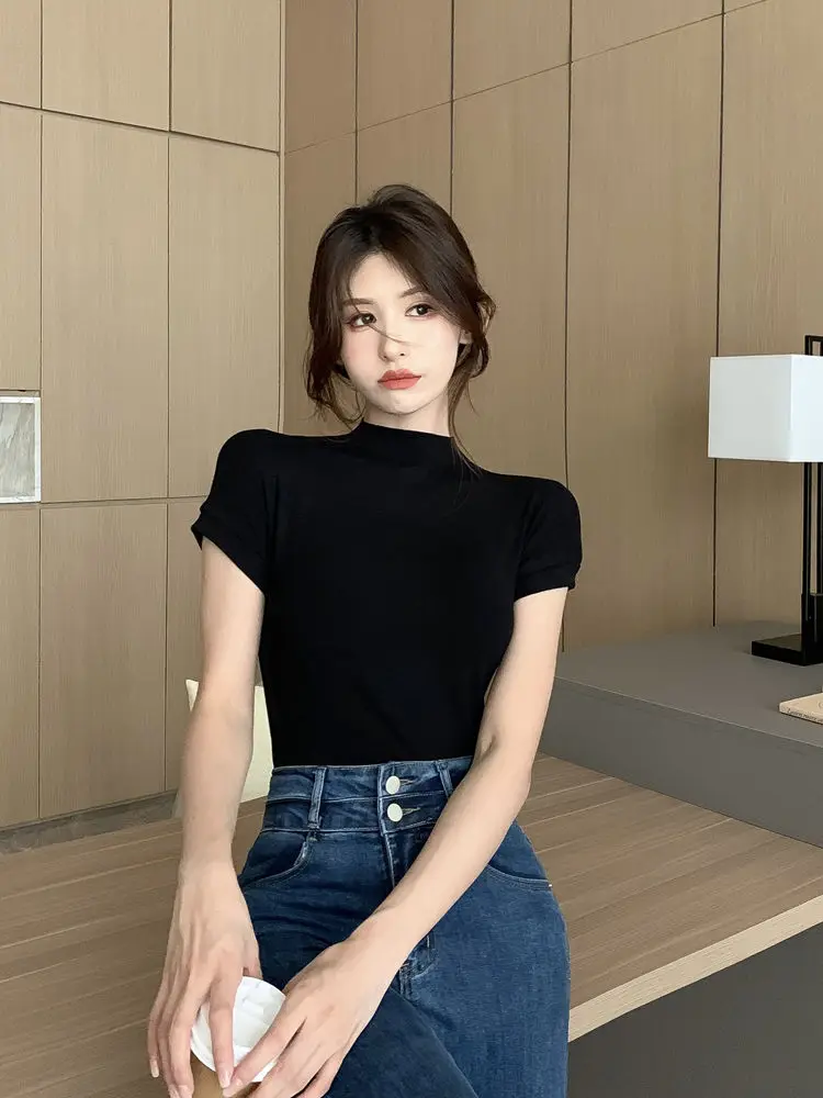 WTEMPO Női Rövid ujjú póló Fél garbó Nyári Trend All-match Top Sexy Slim T-shirt Egyszínű Y2k Top 2023469_voghion.com