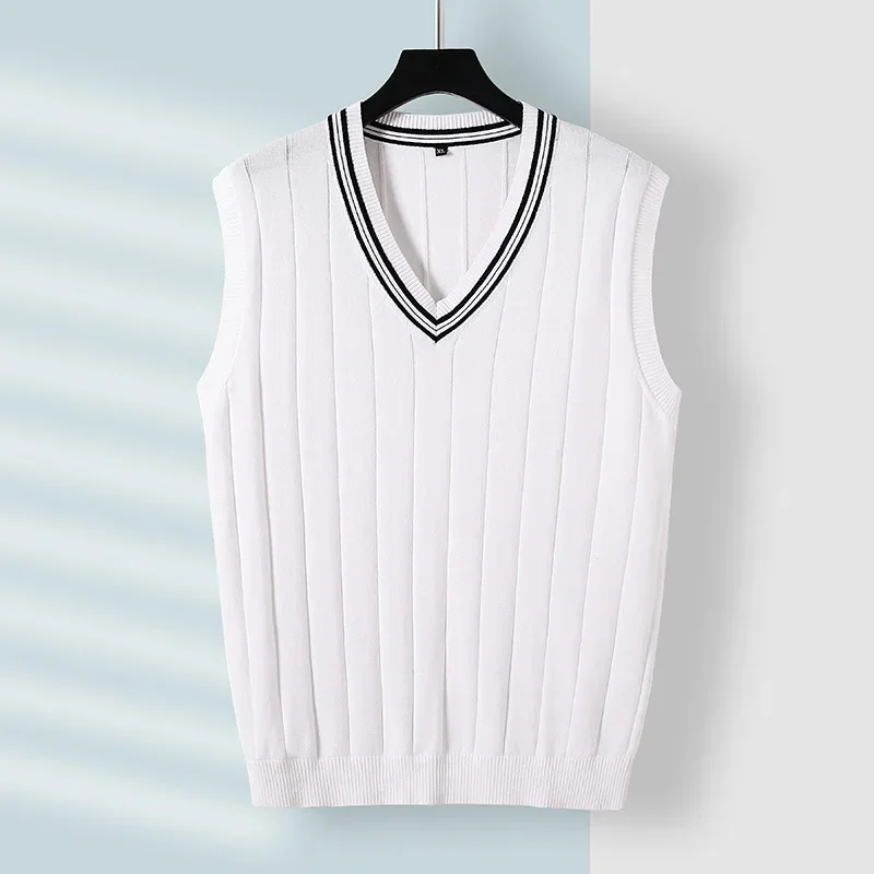 Men Sweater Vest Sleeveless V Neck Spliced Knitted High Street Loose Fit Strech Winter Striped