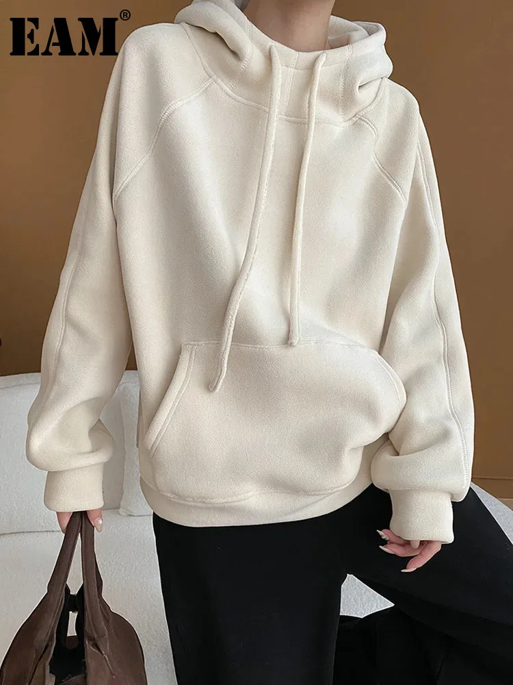 

[EAM] Coffee Loose Fit Sweatshirt New Hooded Drawstring Long Sleeve Women Big Size Fashion Tide Spring Autumn 2024 1DH3777