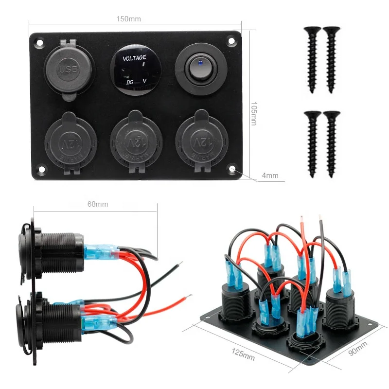 담배 소켓 패널 12V/24V 3 담배 라이터 어댑터(QC3.0USB 충전기 포함) LED 전압계 및 ON Off 로커 스위치 Multi-F