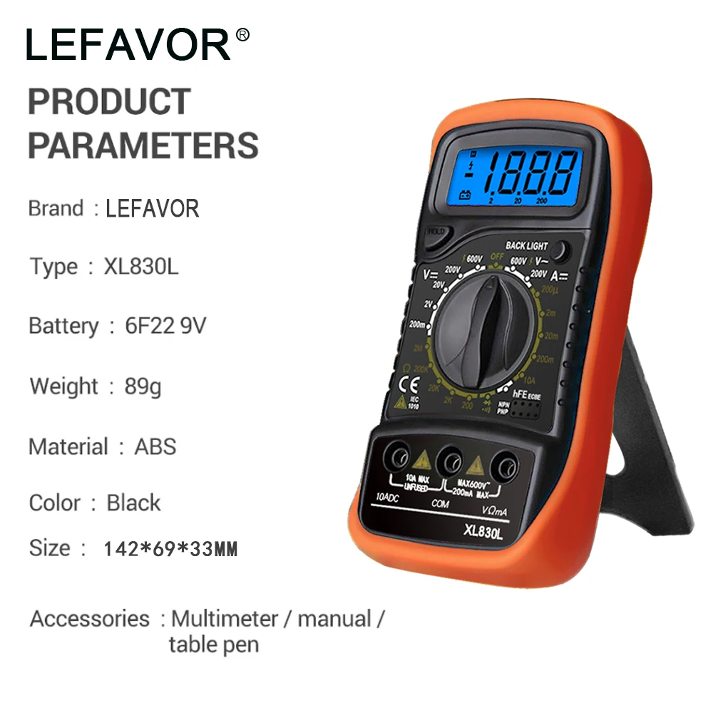 thumbnail image 2 of Digital Multimeter Portable LCD Backlight AC/DC Ammeter Voltmeter Ohm Voltage Tester Meter A830L Lead Testing Kit 2 of 10