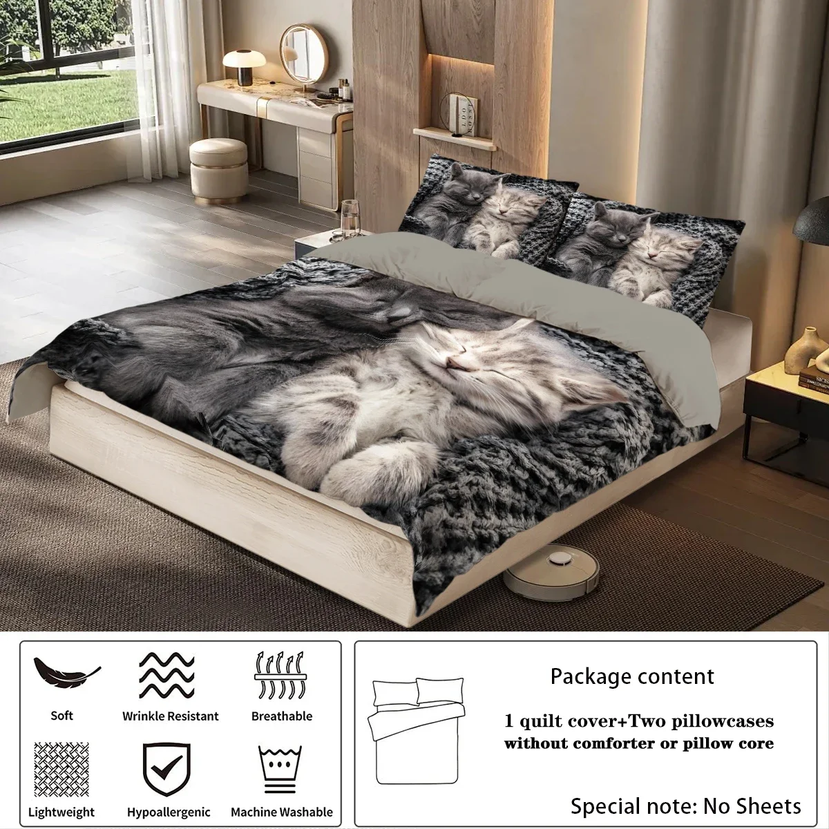 3pcs couple style cute cat print 1quilt cover + 2 pillowcases, skin-friendly, warm, breathable and machine washable, bedding set