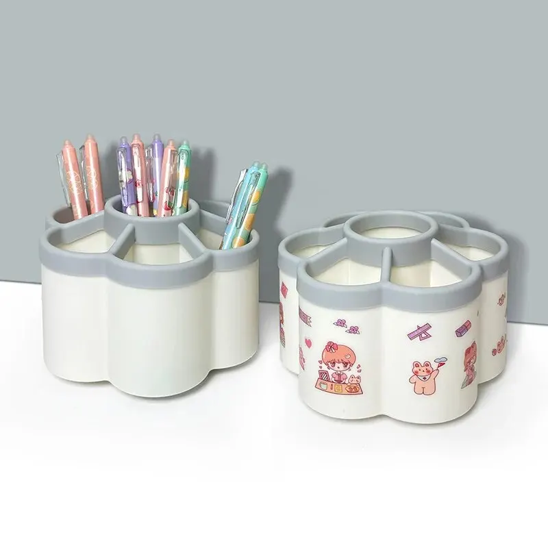 Plum Blossom 대용량 다기능 데스크탑 보관 박스, 7 게이트 회전 펜꽂이, 높은 메이크업