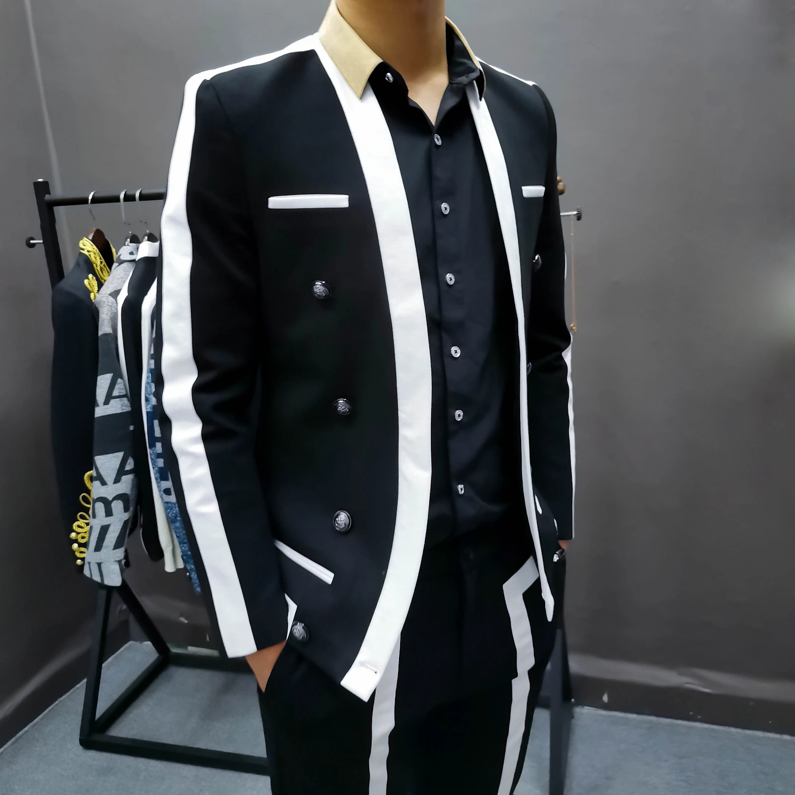 Trajes De Hombre Contrast Stripe Blalck White Suit Male Wedding Groom Suit Spring Disguised Men Slim Stage Outfit Men Party