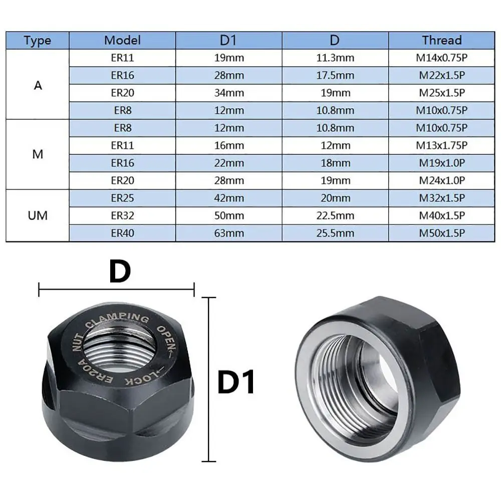 Description Picture 3 of item1Pcs High Precision Chuck Nut A/M/UM Type CNC Metalworking Clamping Nut ER 11/16/20/25/32/40 For CNC Lathe Milling Bit Holder