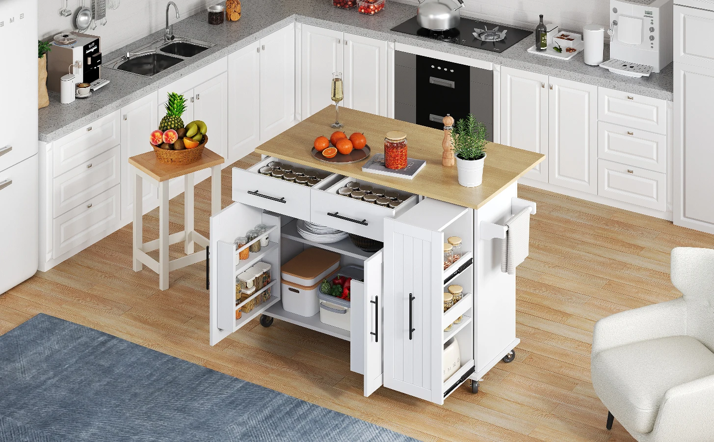 Kücheninsel mit Klappplatte, Aufbewahrungswagen mit 3-stufigem Ausziehschrank-Organizer, internem Aufbewahrungsregal, Rollwagen – Detail 15